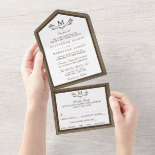 Country Rustic Monogram Branch & Burlap Wedding All In One Invitation