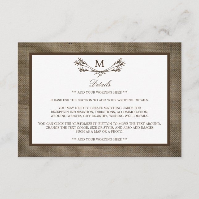 Country Rustic Monogram Branch & Burlap Wedding Enclosure Card (Front)
