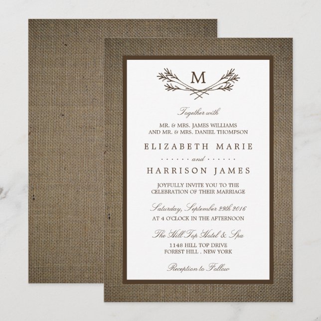 Country Rustic Monogram Branch & Burlap Wedding Invitation (Front/Back)