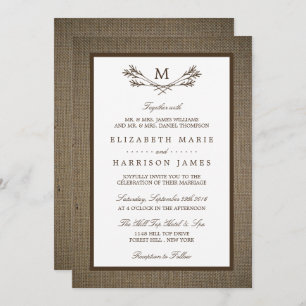 Country Rustic Monogram Branch & Burlap Wedding Invitation