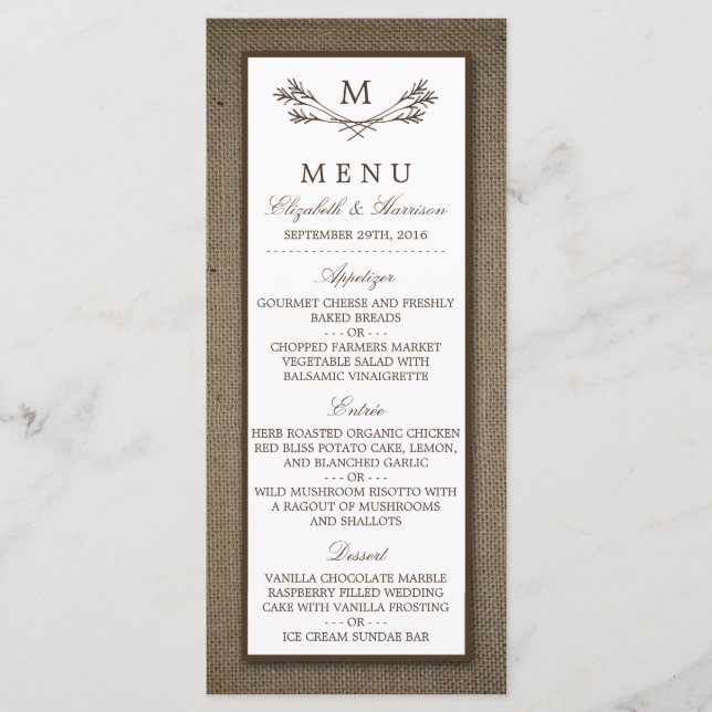Country Rustic Monogram Branch & Burlap Wedding Menu (Front)