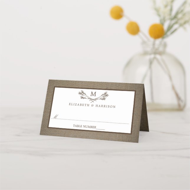 Country Rustic Monogram Branch & Burlap Wedding Place Card (Front)