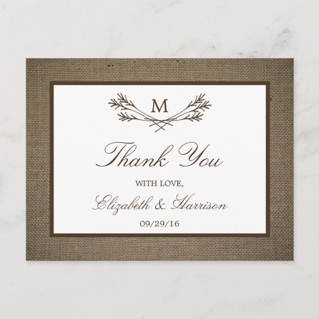 Country Rustic Monogram Branch & Burlap Wedding Postcard (Front)