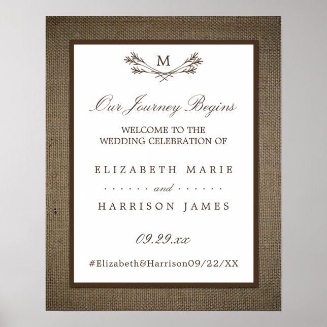 Country Rustic Monogram Branch & Burlap Wedding Poster (Front)