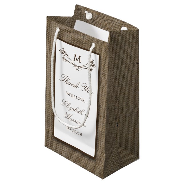 Country Rustic Monogram Branch & Burlap Wedding Small Gift Bag (Front Angled)