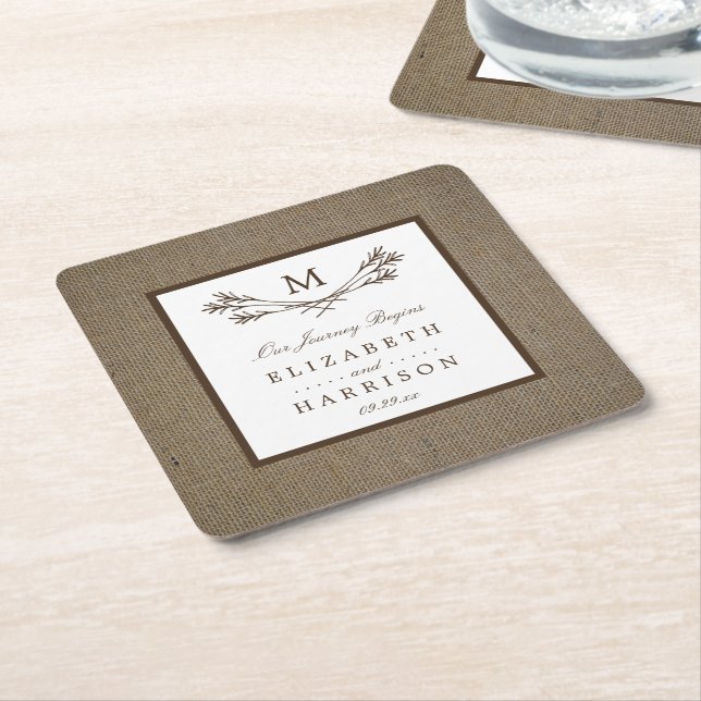 Country Rustic Monogram Branch & Burlap Wedding Square Paper Coaster (Angled)