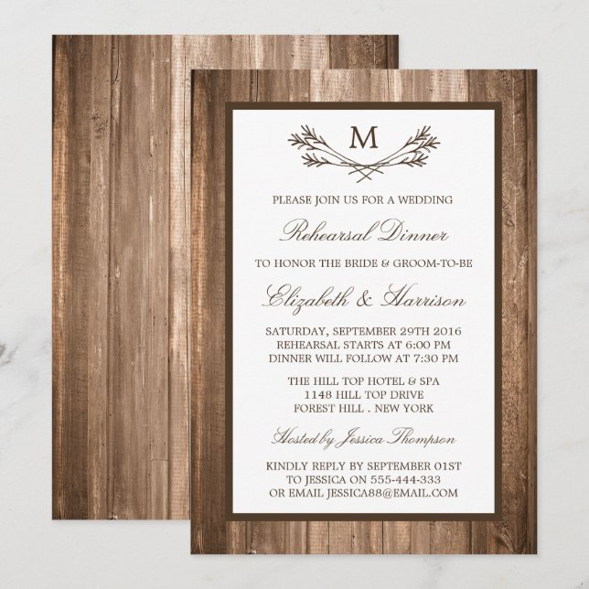 Country Rustic Monogram Branch Rehearsal Dinner Invitation (Front/Back)