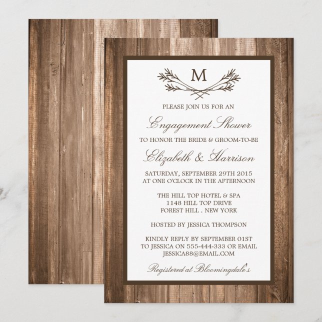 Country Rustic Monogram Branch Wood Engagement Invitation (Front/Back)