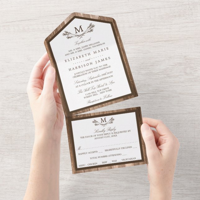 Country Rustic Monogram Branch & Wood Wedding All In One Invitation (Tearaway)