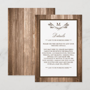 Country Rustic Monogram Branch & Wood Wedding Enclosure Card
