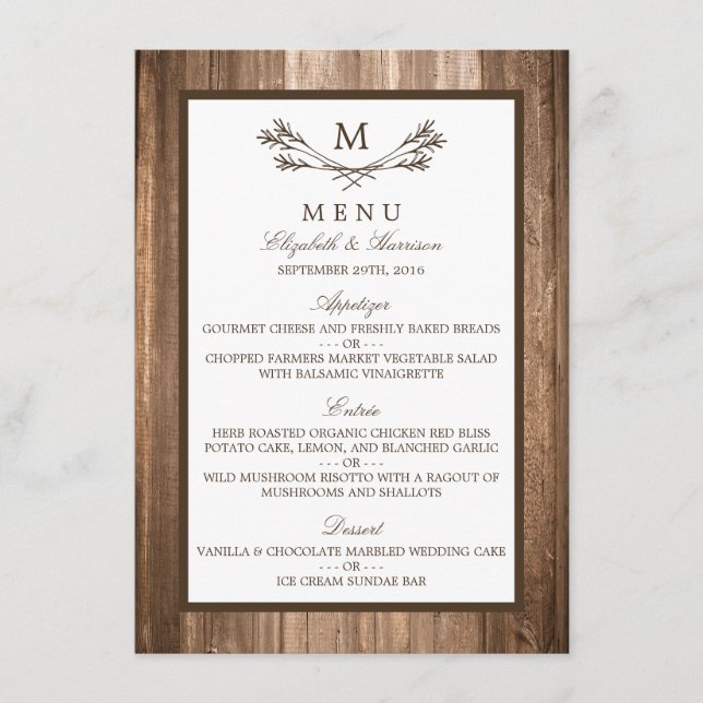 Country Rustic Monogram Branch & Wood Wedding Menu (Front)