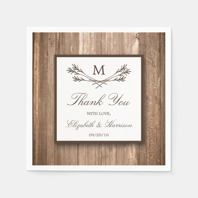 Country Rustic Monogram Branch & Wood Wedding Napkin (Front)