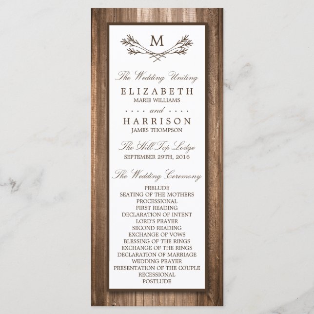 Country Rustic Monogram Branch & Wood Wedding Programme (Front)