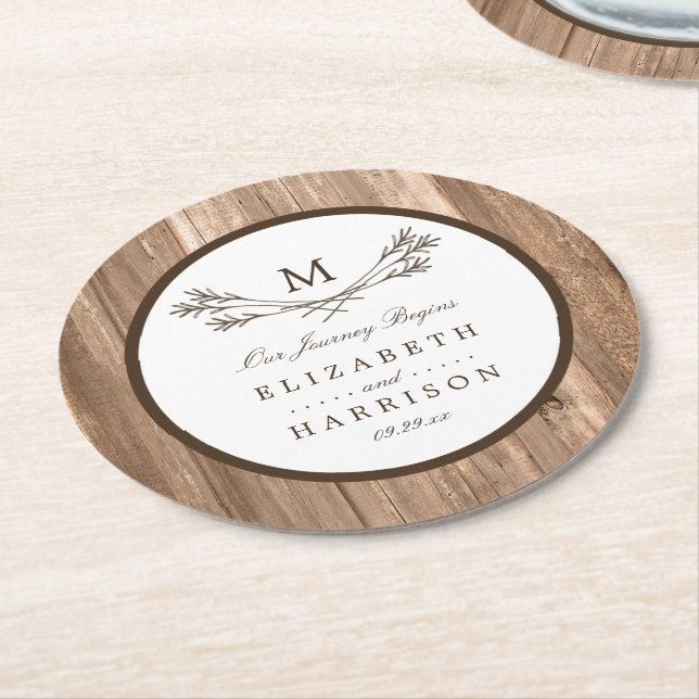 Country Rustic Monogram Branch & Wood Wedding Round Paper Coaster (Angled)