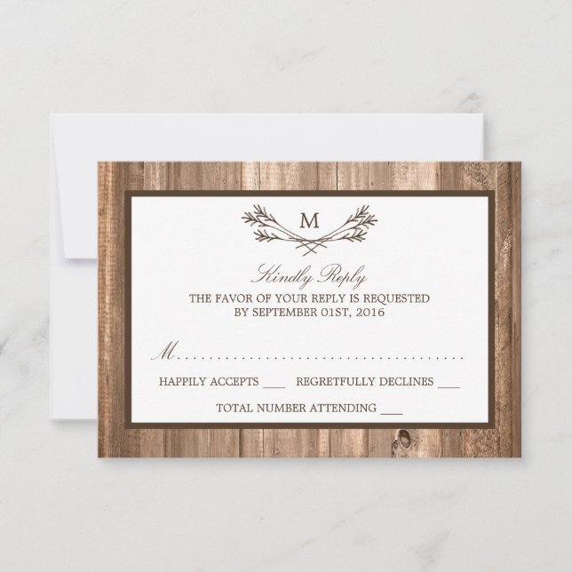 Country Rustic Monogram Branch & Wood Wedding RSVP (Front)