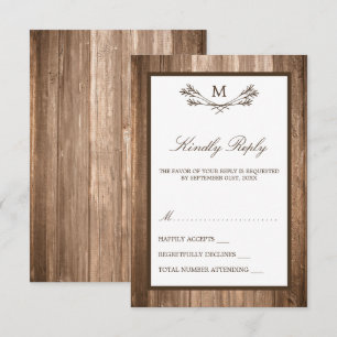 Country Rustic Monogram Branch & Wood Wedding RSVP Card