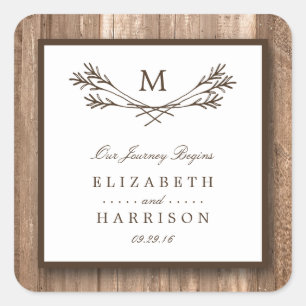 Country Rustic Monogram Branch & Wood Wedding Square Sticker