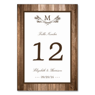 Country Rustic Monogram Branch & Wood Wedding Table Number