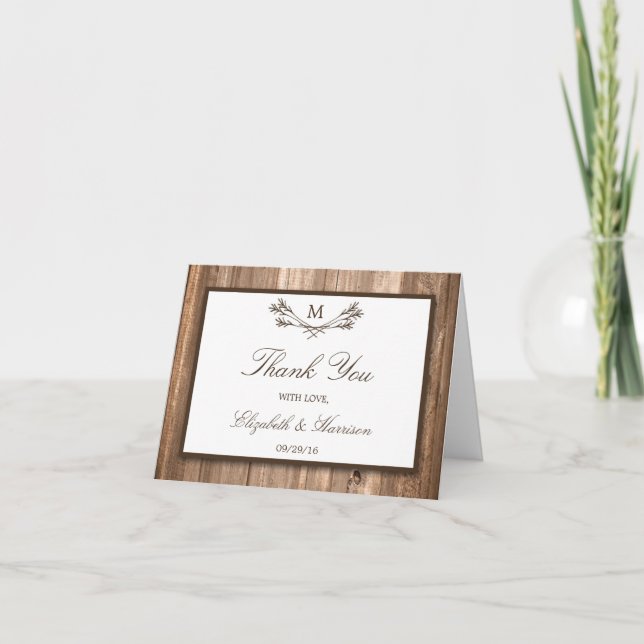Country Rustic Monogram Branch & Wood Wedding Thank You Card (Front)