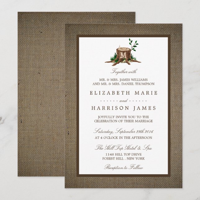 Country Rustic Monogram Tree & Burlap Wedding Invitation (Front/Back)