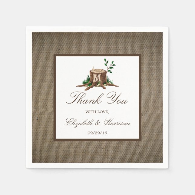 Country Rustic Monogram Tree & Burlap Wedding Napkin (Front)