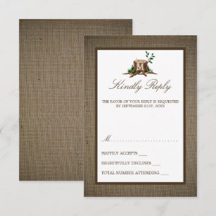 Country Rustic Monogram Tree & Burlap Wedding RSVP Card