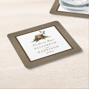 Country Rustic Monogram Tree & Burlap Wedding Square Paper Coaster