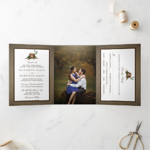 Country Rustic Monogram Tree & Burlap Wedding Tri-Fold Invitation