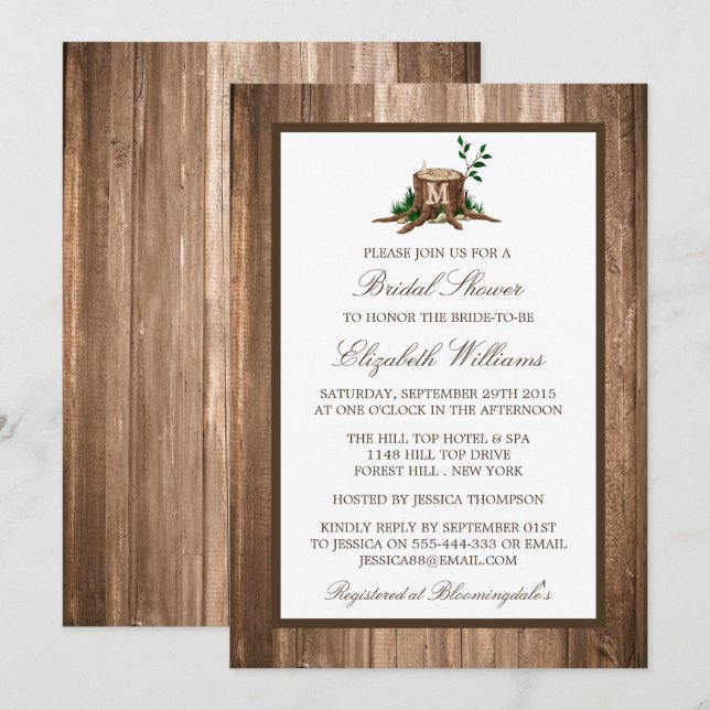 Country Rustic Monogram Tree On Wood Bridal Shower Invitation (Front/Back)