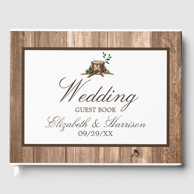 Country Rustic Monogram Tree & Wood Wedding Guest Book (Front)