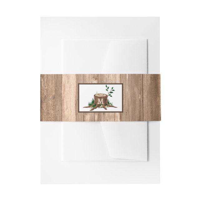 Country Rustic Monogram Tree & Wood Wedding Invitation Belly Band (Front Example)