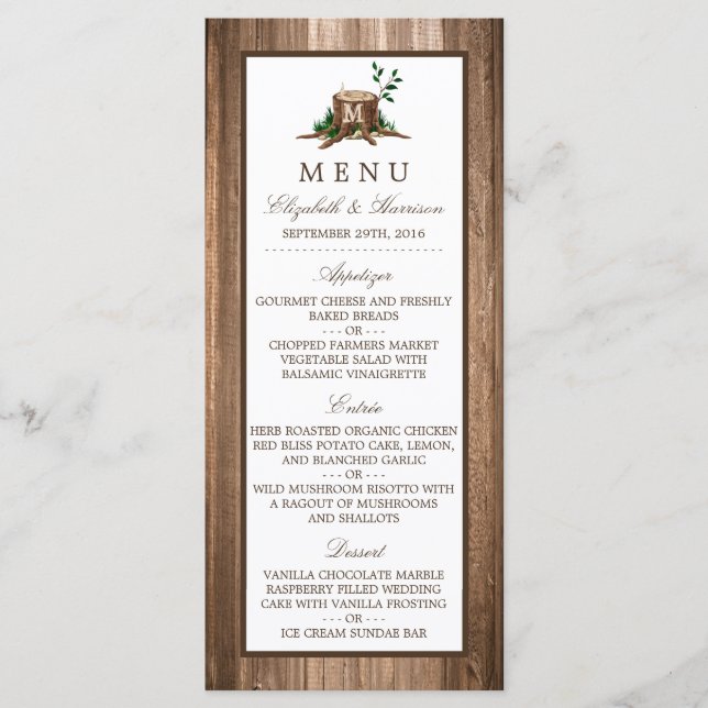 Country Rustic Monogram Tree & Wood Wedding Menu (Front)