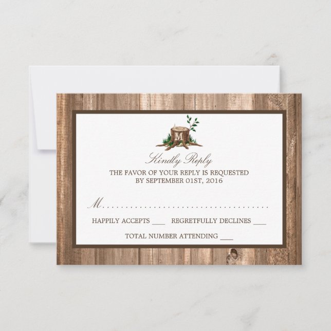Country Rustic Monogram Tree & Wood Wedding RSVP Card (Front)