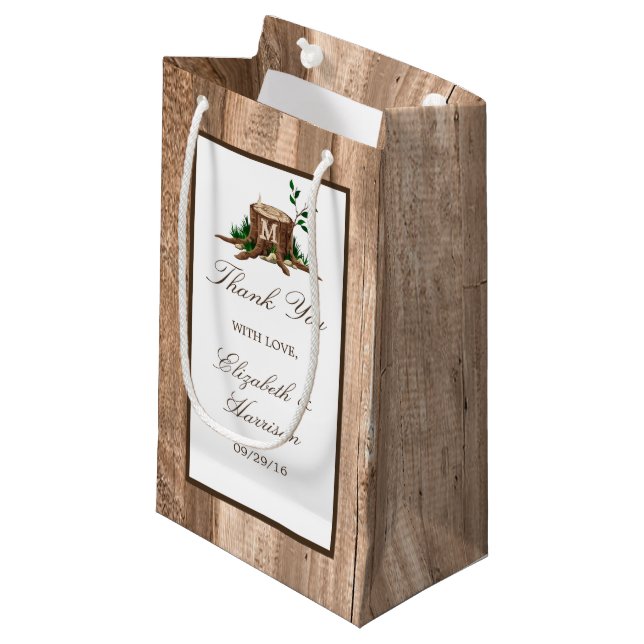 Country Rustic Monogram Tree & Wood Wedding Small Gift Bag (Front Angled)