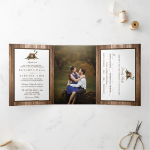 Country Rustic Monogram Tree & Wood Wedding Suite Tri-Fold Invitation