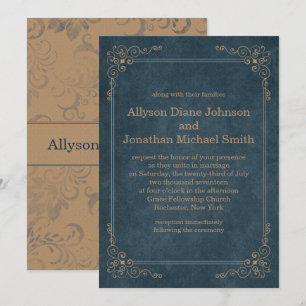 Country Rustic Navy Blue Tan Chalkboard Wedding   Invitation