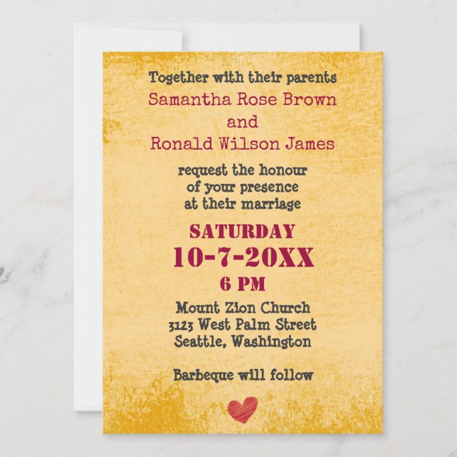 Country Rustic Old Look Typed Wedding Invitation (Front)