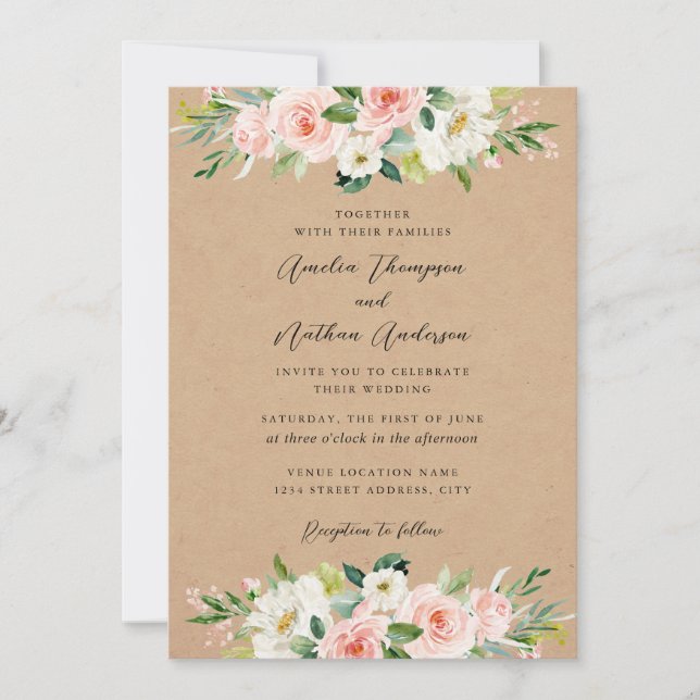 Country Rustic Pink Botanical Florals Wedding Invitation (Front)