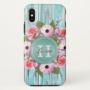 Country Rustic PInk Flora Barn Wood Monogram iPhone X Case