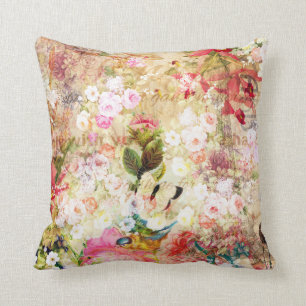 Country rustic pink floral collage typography cushion