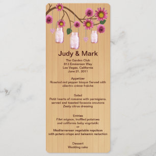 Country Rustic Pink Mason Jars Wedding Menu Card