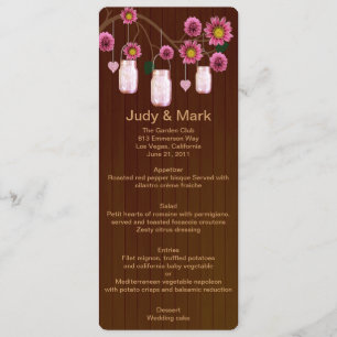 Country Rustic Pink Mason Jars Wedding Menu Card