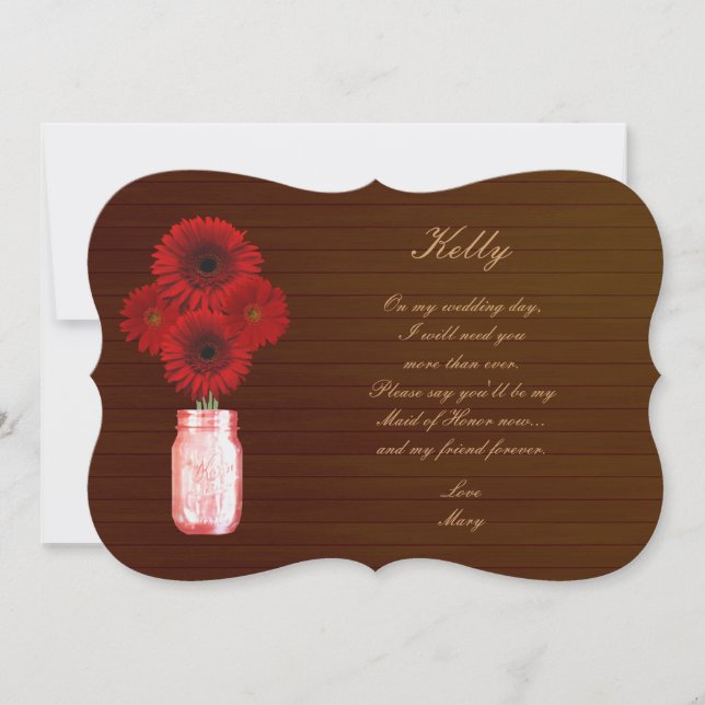 Country Rustic Red Mason Jar Maid Of Honour Card (Front)