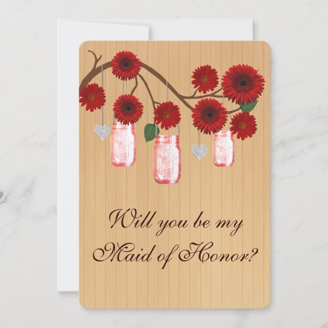 Country Rustic Red Mason Jars Maid Of Honour Card (Front)