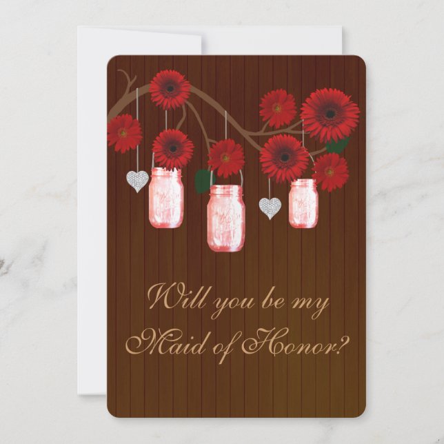 Country Rustic Red Mason Jars Maid Of Honour Card (Front)