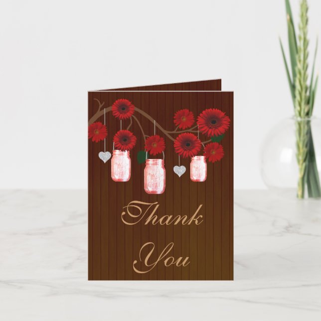 Country Rustic Red Mason Jars Thank You Card (Front)