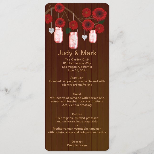 Country Rustic Red Mason Jars Wedding Menu Card (Front)