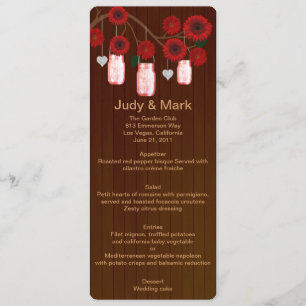 Country Rustic Red Mason Jars Wedding Menu Card
