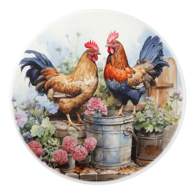 Country Rustic Rooster Hen Red Geraniums Tin Pail Ceramic Knob (Front)