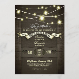 country rustic string lights burlap wedding invitation